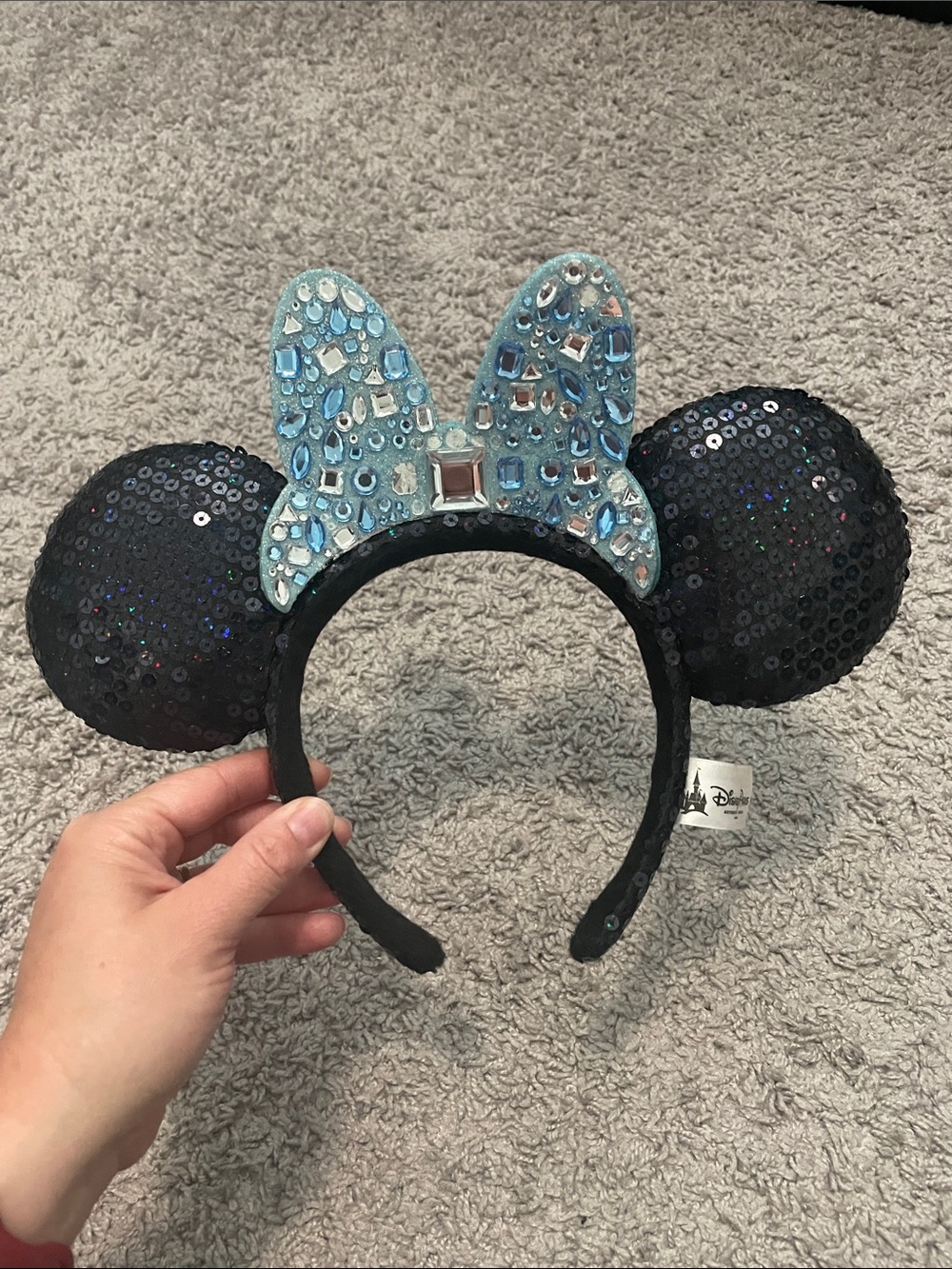 Disney Black Sequin Mickey Ears with Light Blue Jewel Bow